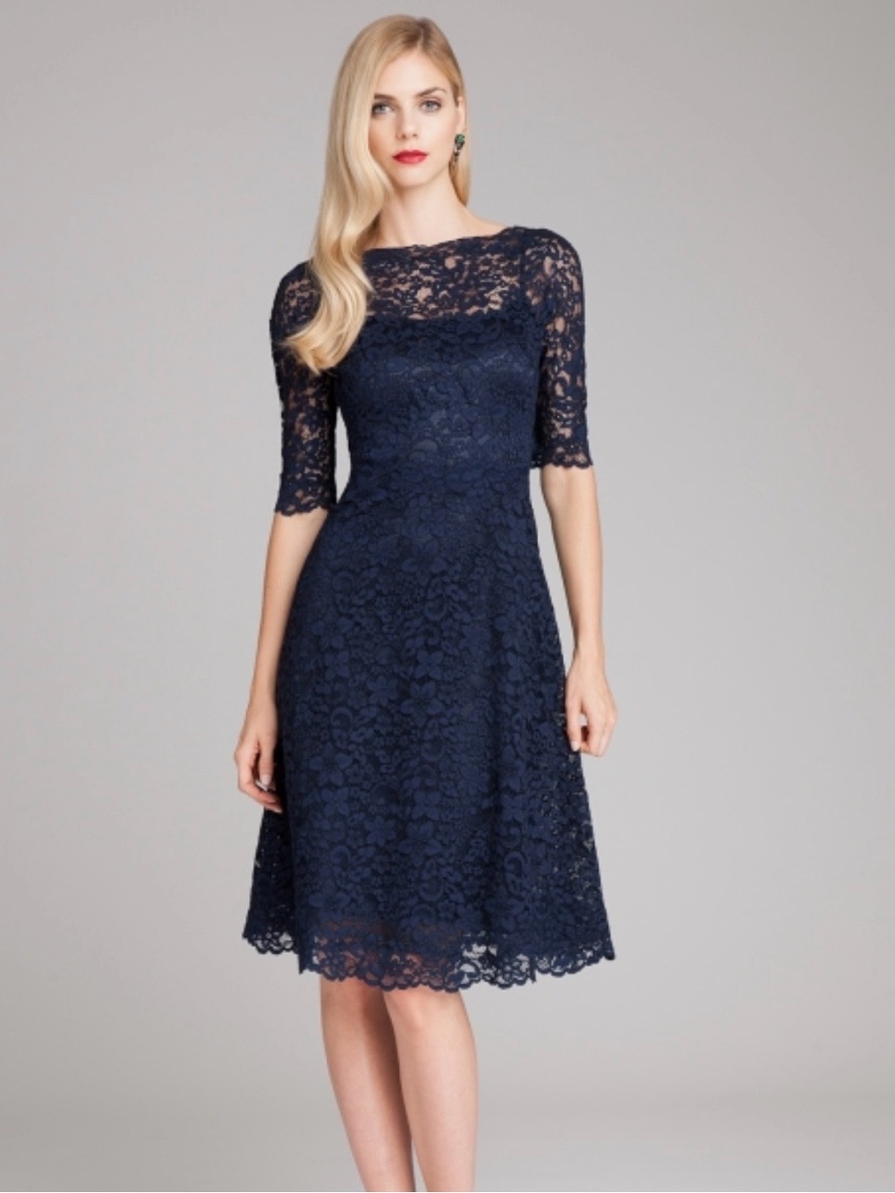 Teri Jon Rickie Freeman Navy Lace Scallop Cocktail Midi Dress 14 Mother of Groom